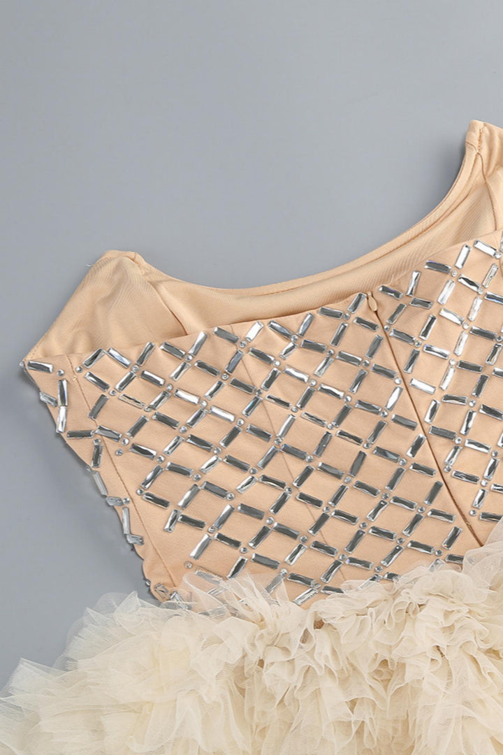 Strapless Rhinestones Mesh Tulle Puff Mini Dress