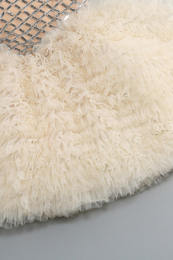 Strapless Rhinestones Mesh Tulle Puff Mini Dress