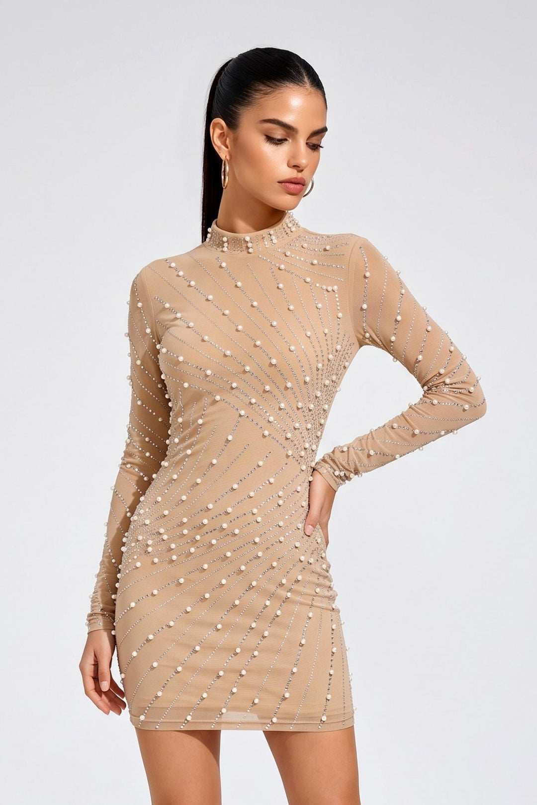 Mesh Pearl Studded Wrap Mini Dress