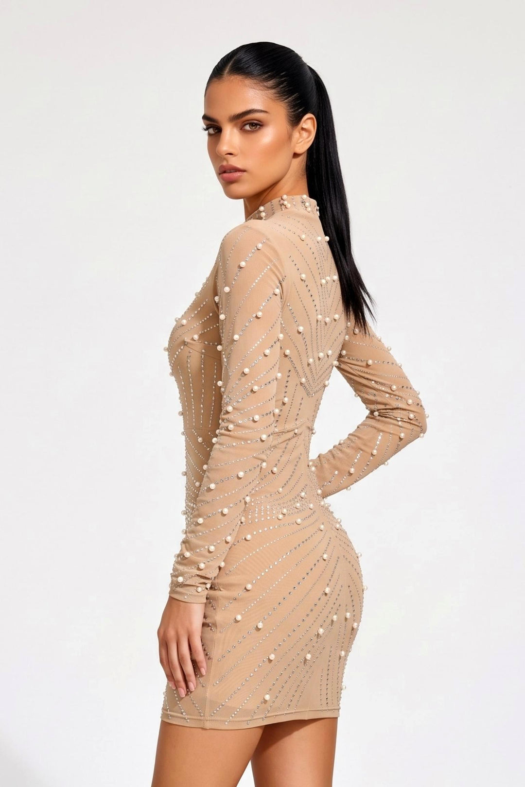 Mesh Pearl Studded Wrap Mini Dress