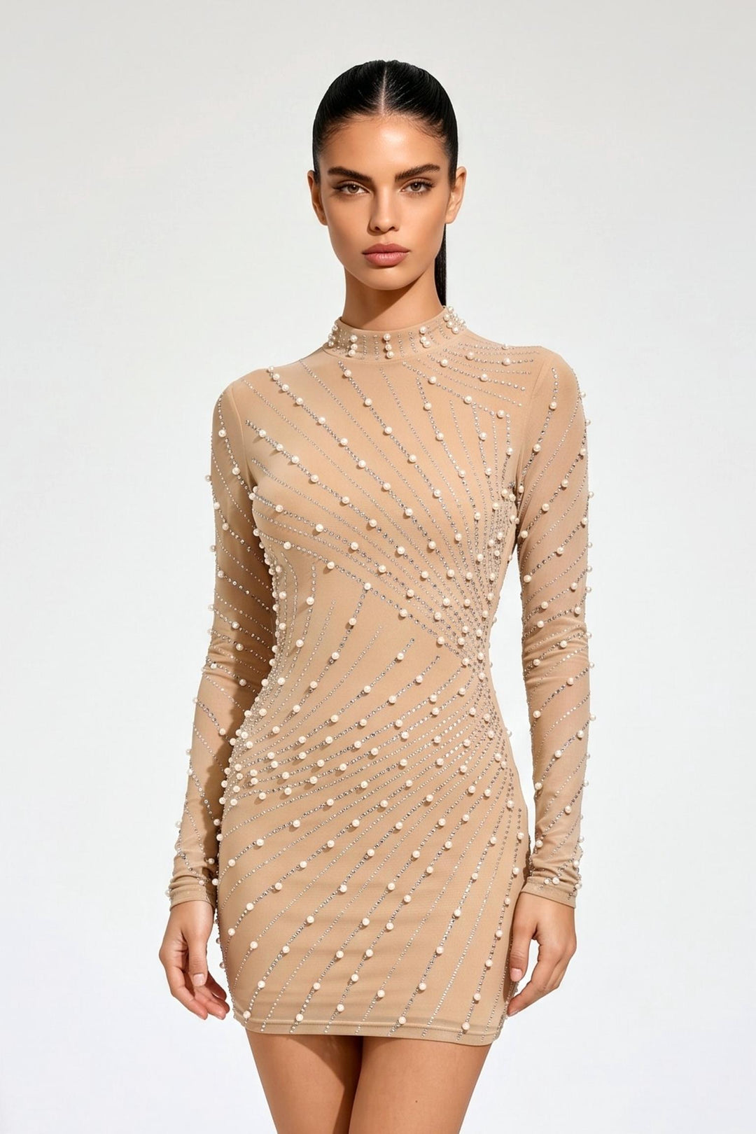 Mesh Pearl Studded Wrap Mini Dress