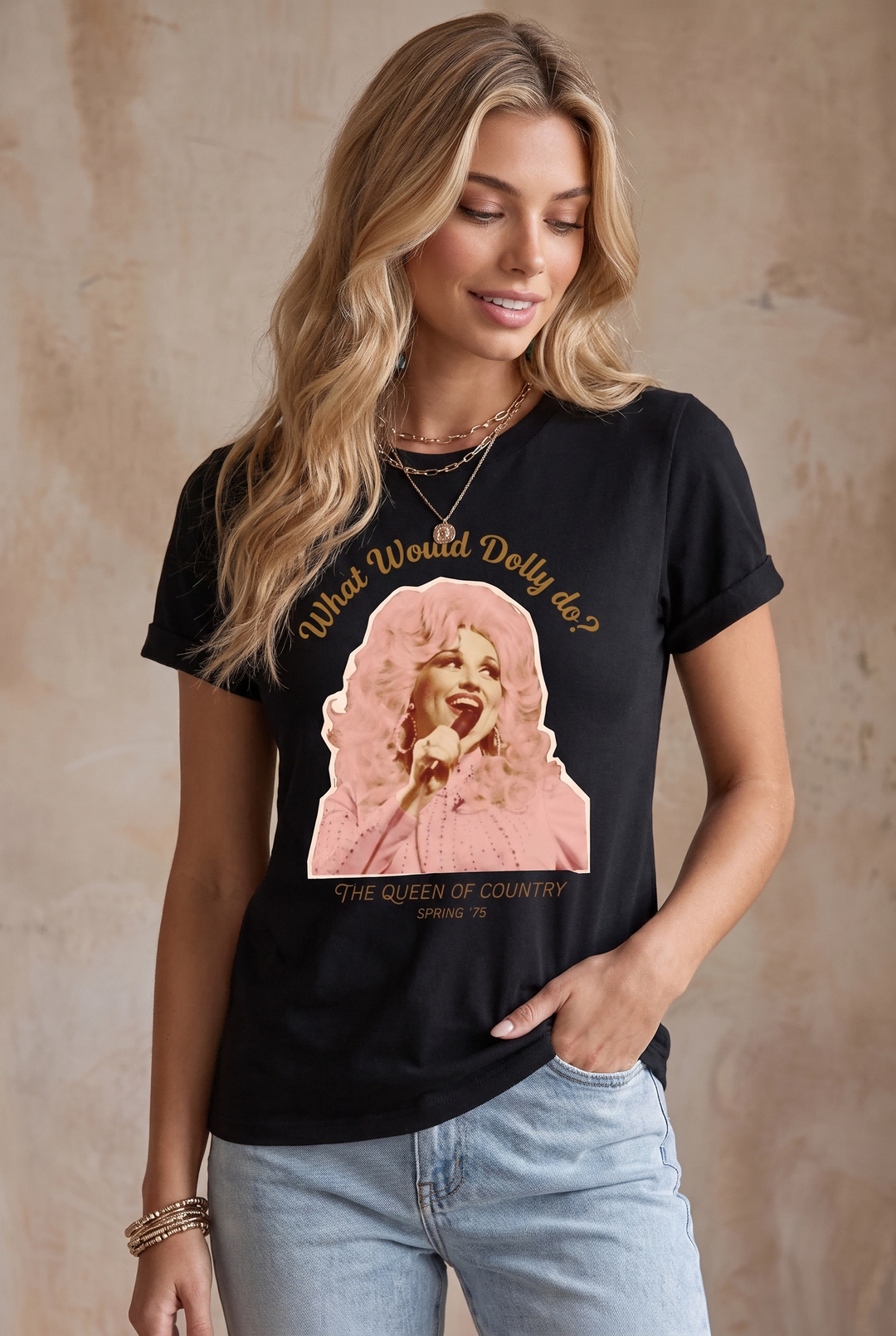 SOLACE CHICDolly Print Rolled Cuff Crew Neck T-Shirt