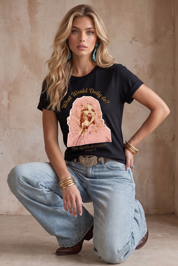 SOLACE CHICDolly Print Rolled Cuff Crew Neck T-Shirt