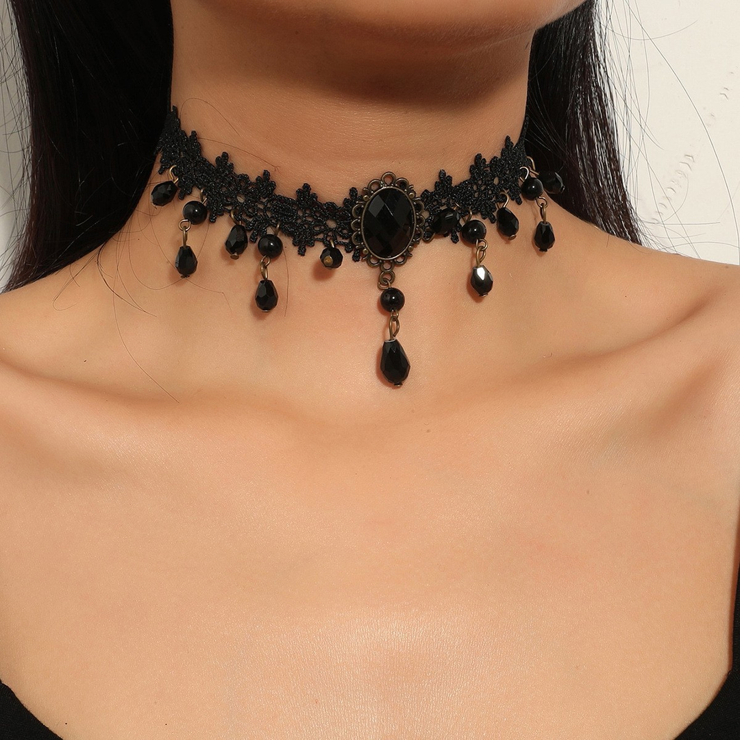 Gothic Black Lace Beaded Drop Choker Necklace