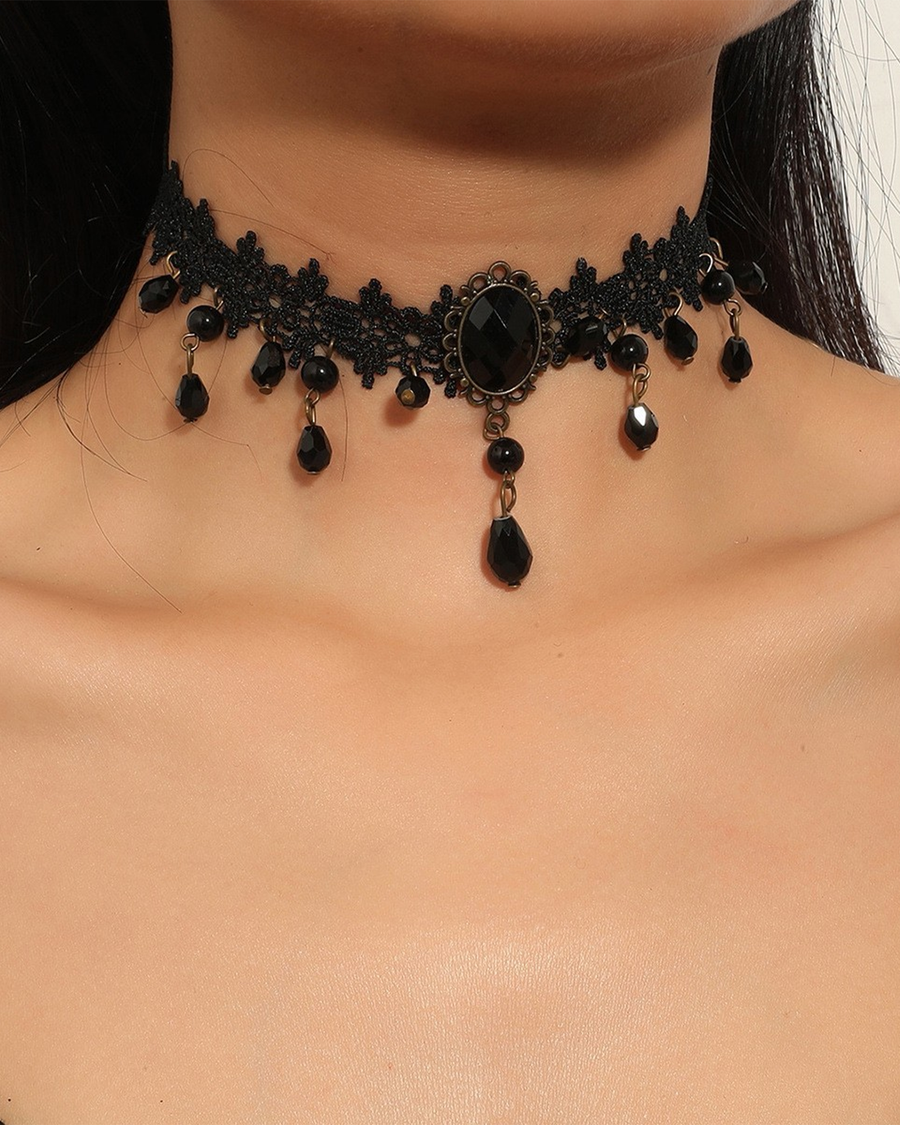 Gothic Black Lace Beaded Drop Choker Necklace