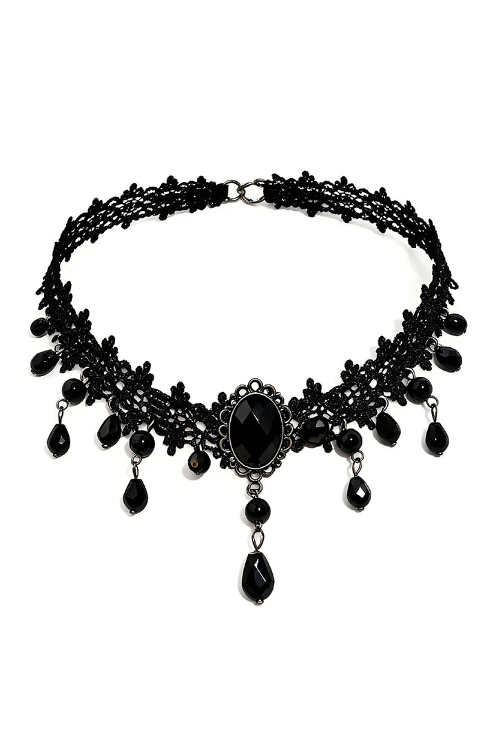 SOLACEGothic Black Lace Beaded Drop Choker Necklace
