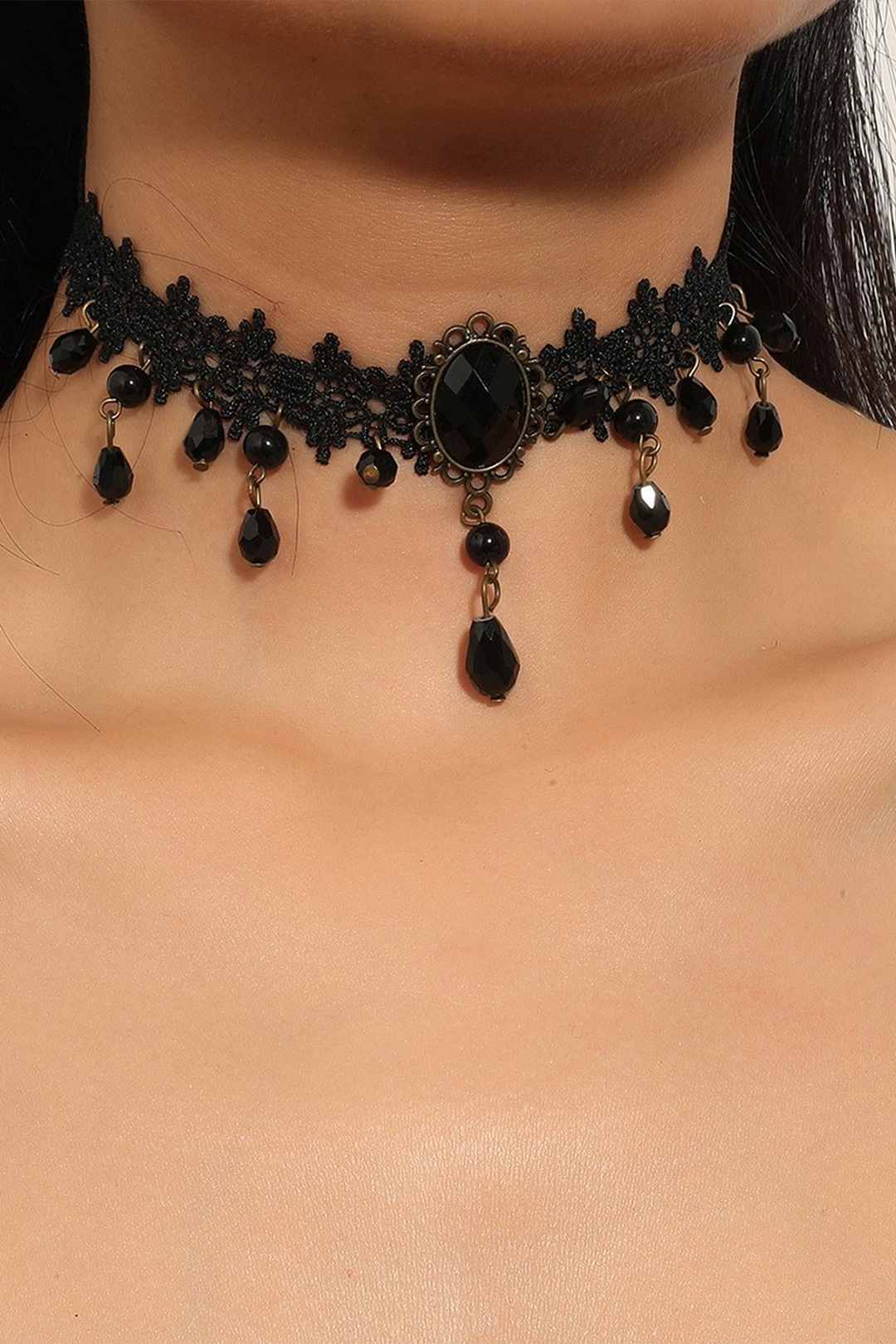 SOLACEGothic Black Lace Beaded Drop Choker Necklace