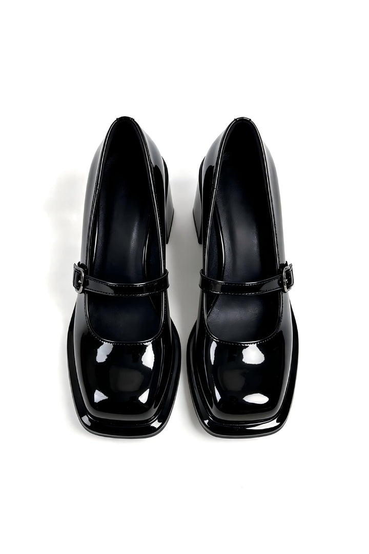 Black Patent Leather Mary Jane Block Heel Pumps