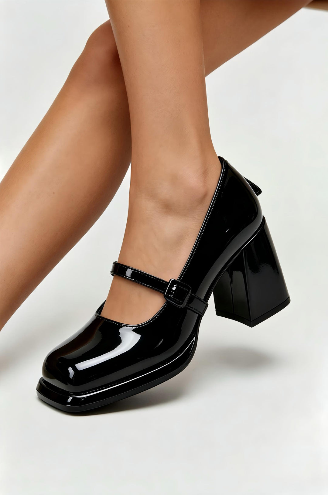 Black Patent Leather Mary Jane Block Heel Pumps