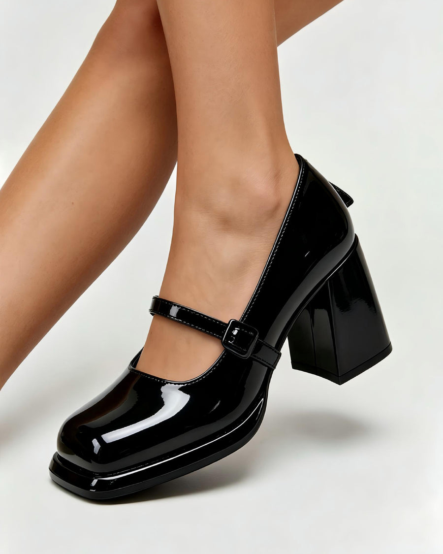 Black Patent Leather Mary Jane Block Heel Pumps