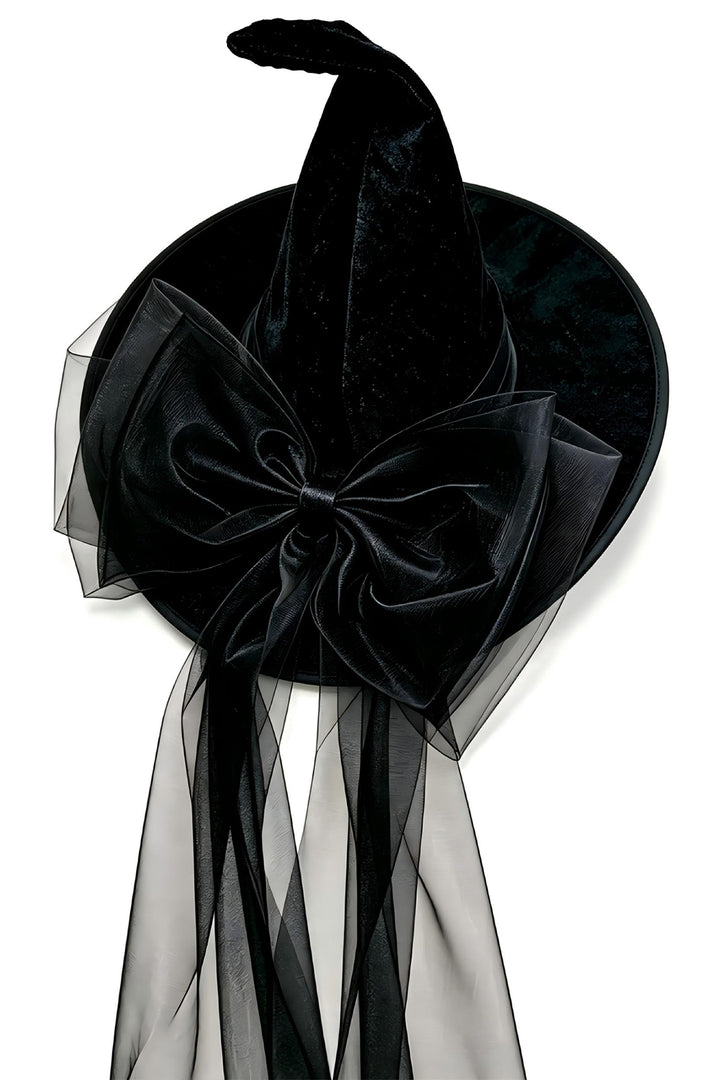 SOLACEBow &amp; Long Tulle Black Velvet Witch Hat