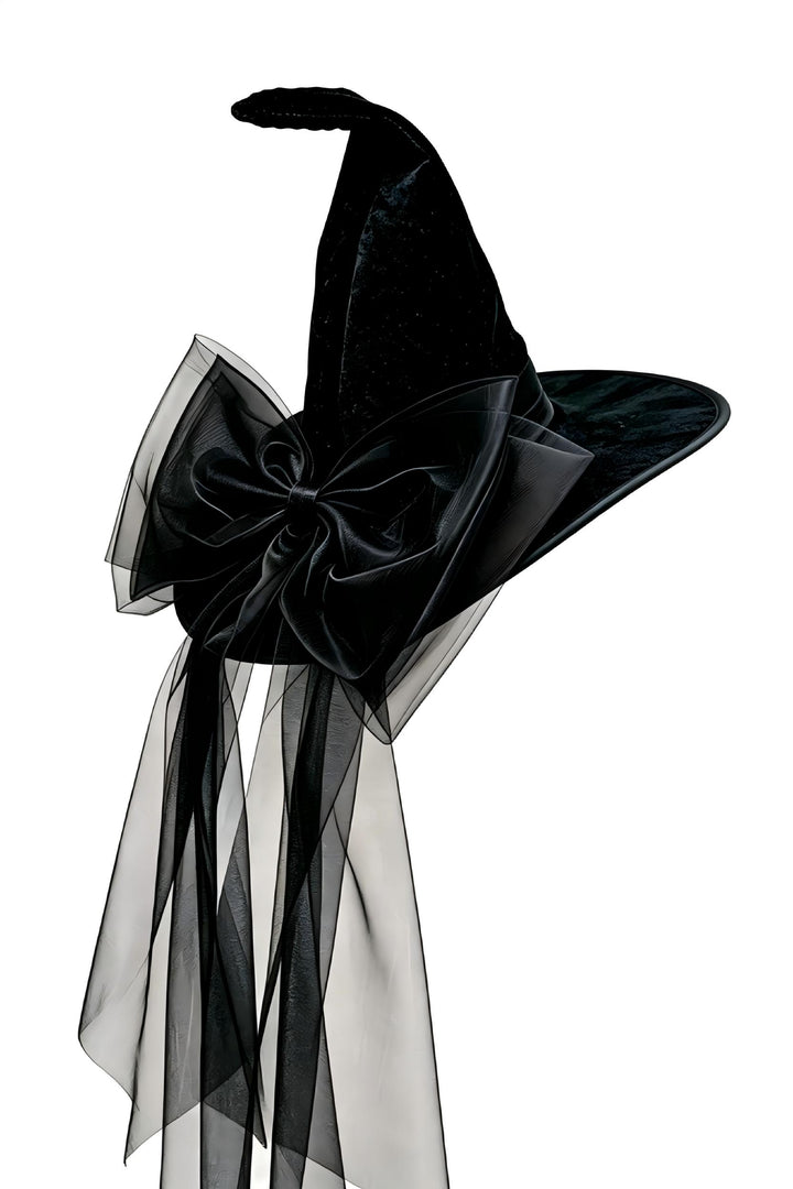 SOLACEBow &amp; Long Tulle Black Velvet Witch Hat