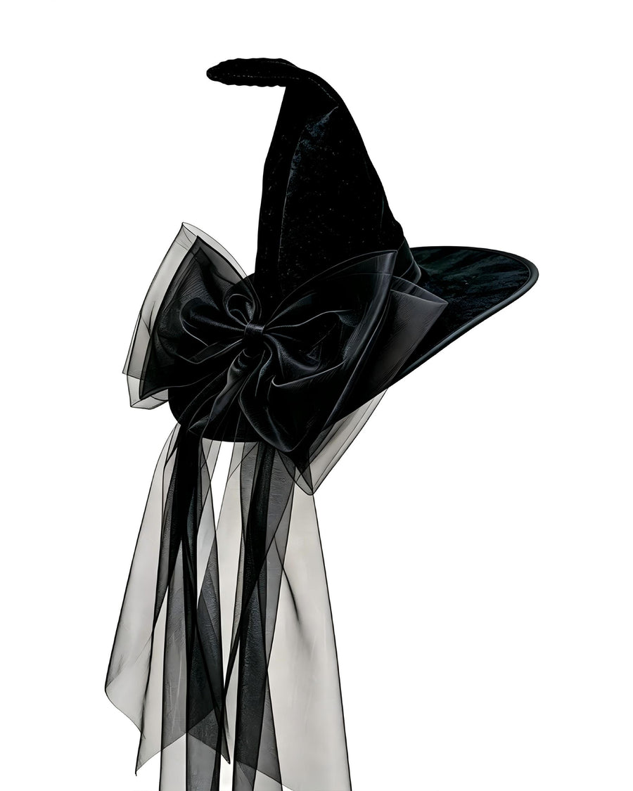 Bow & Long Tulle Black Velvet Witch Hat