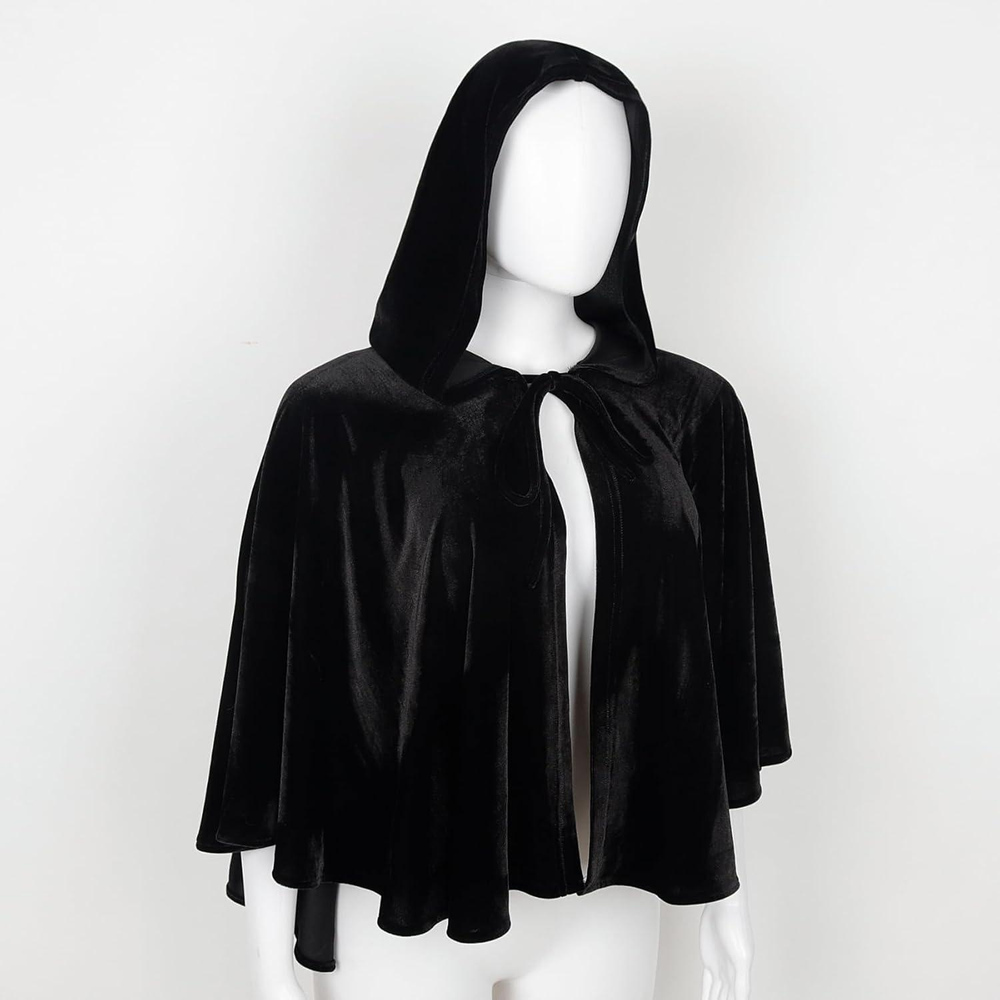 SOLACEBlack Velvet Hooded Cape Short Halloween Cosplay Cloak