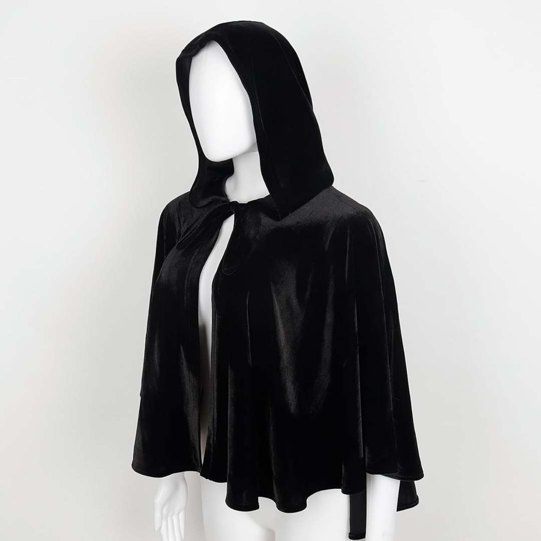 SOLACEBlack Velvet Hooded Cape Short Halloween Cosplay Cloak