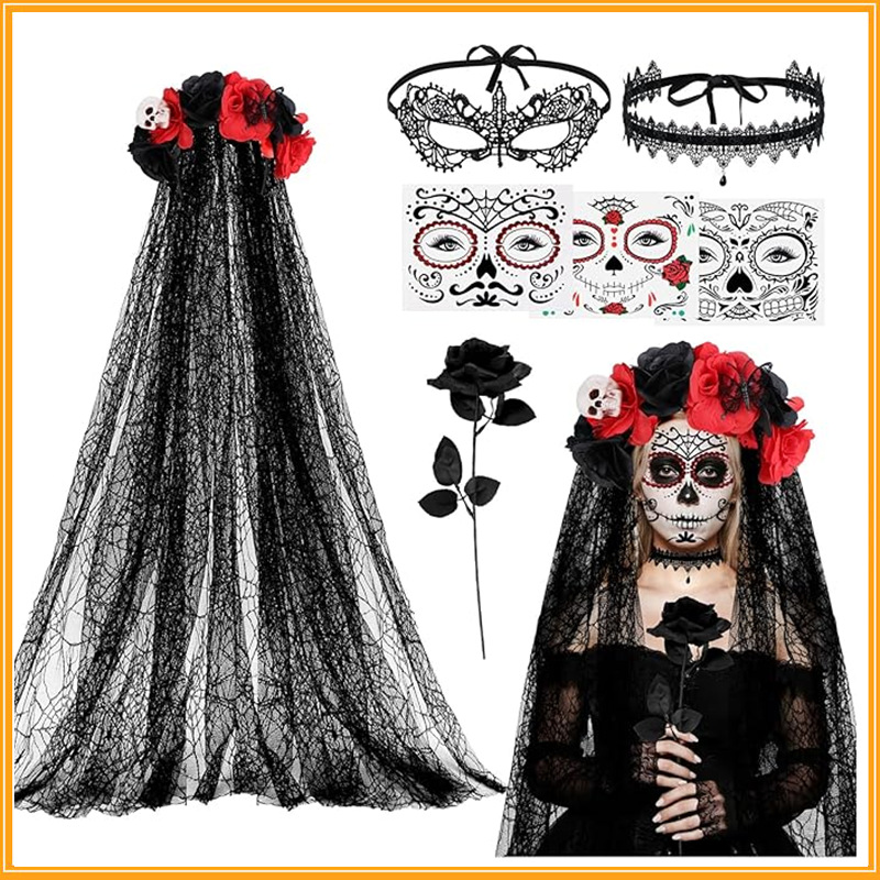 Day of the Dead Ghost Bride Accessory Kit with Mask &amp; Face Decor