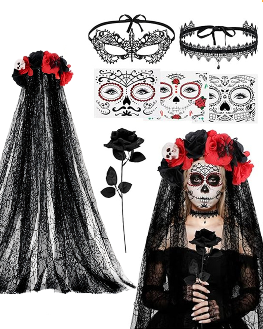 Day of the Dead Ghost Bride Accessory Kit with Mask & Face Decor