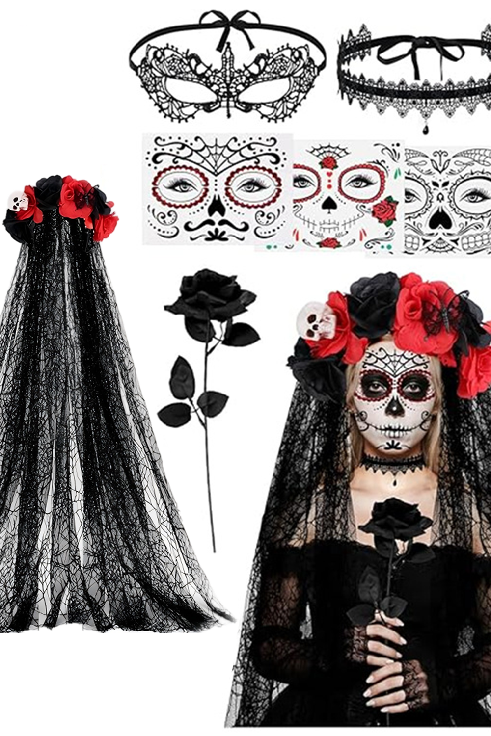 SOLACEDay of the Dead Ghost Bride Accessory Kit with Mask & Face Decor