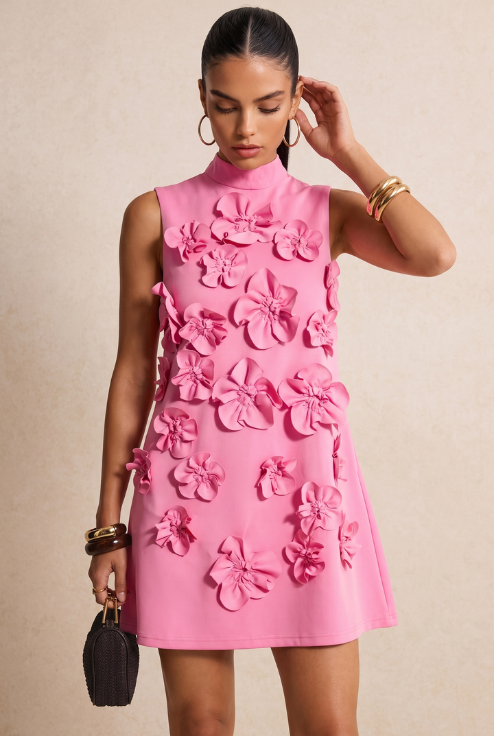 3D Floral Decor High Neck Sleeveless Mini Dress