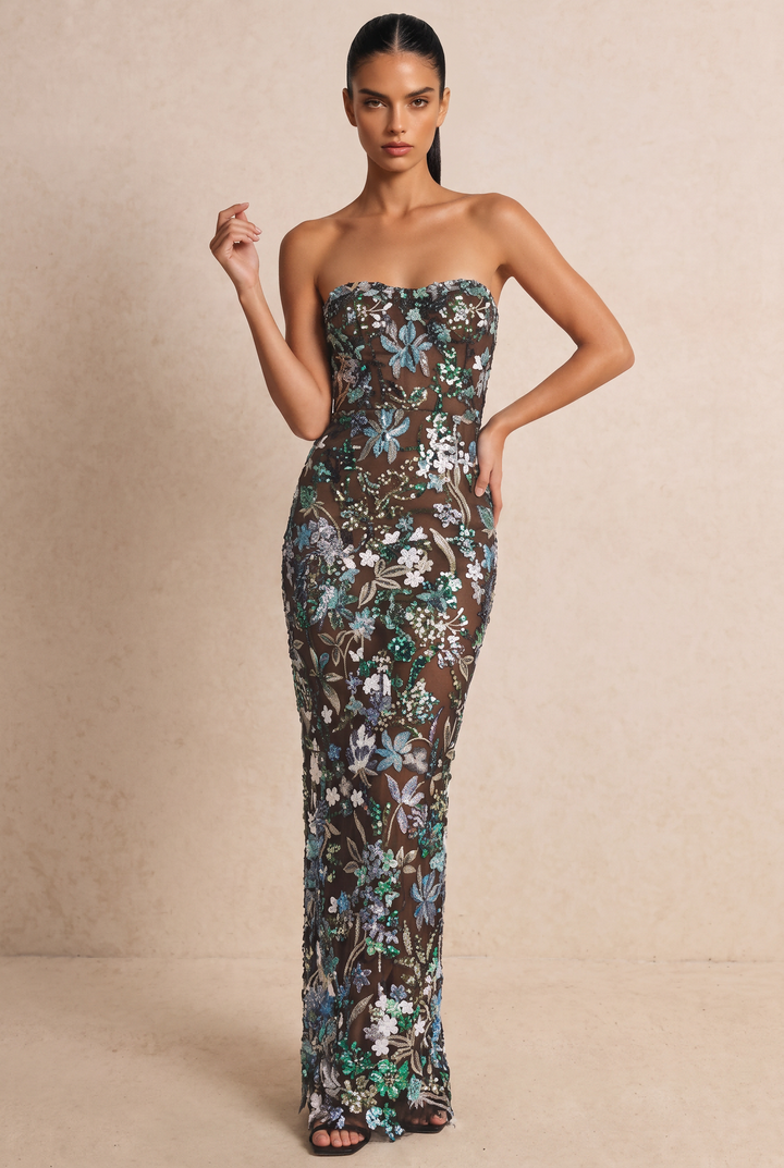 Floral Sequin Embroidered Strapless Maxi Dress
