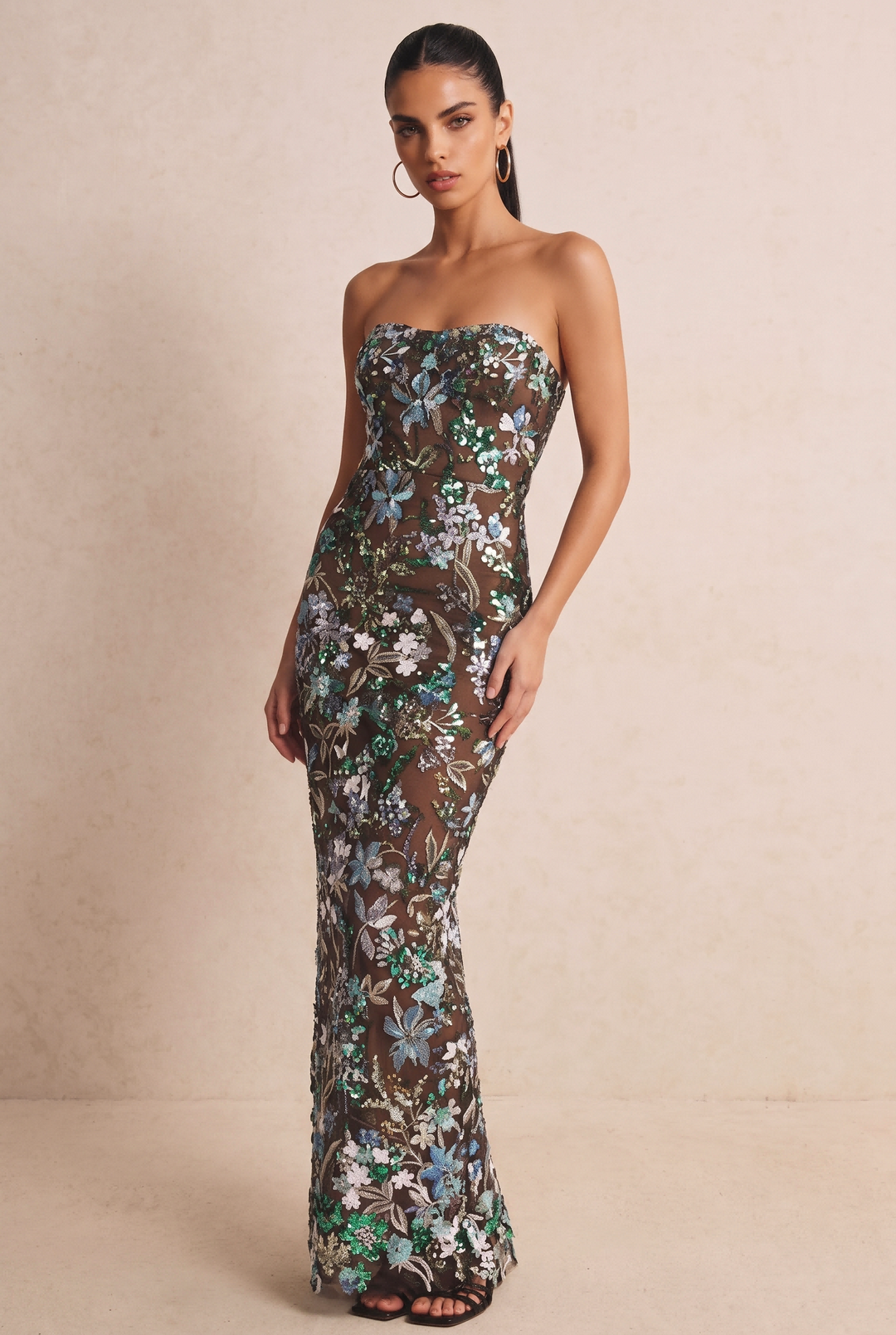 Floral Sequin Embroidered Strapless Maxi Dress