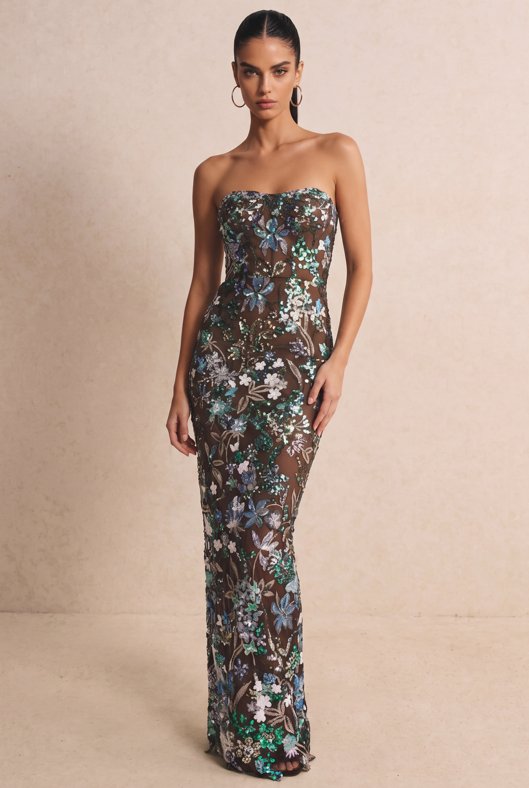 Floral Sequin Embroidered Strapless Maxi Dress