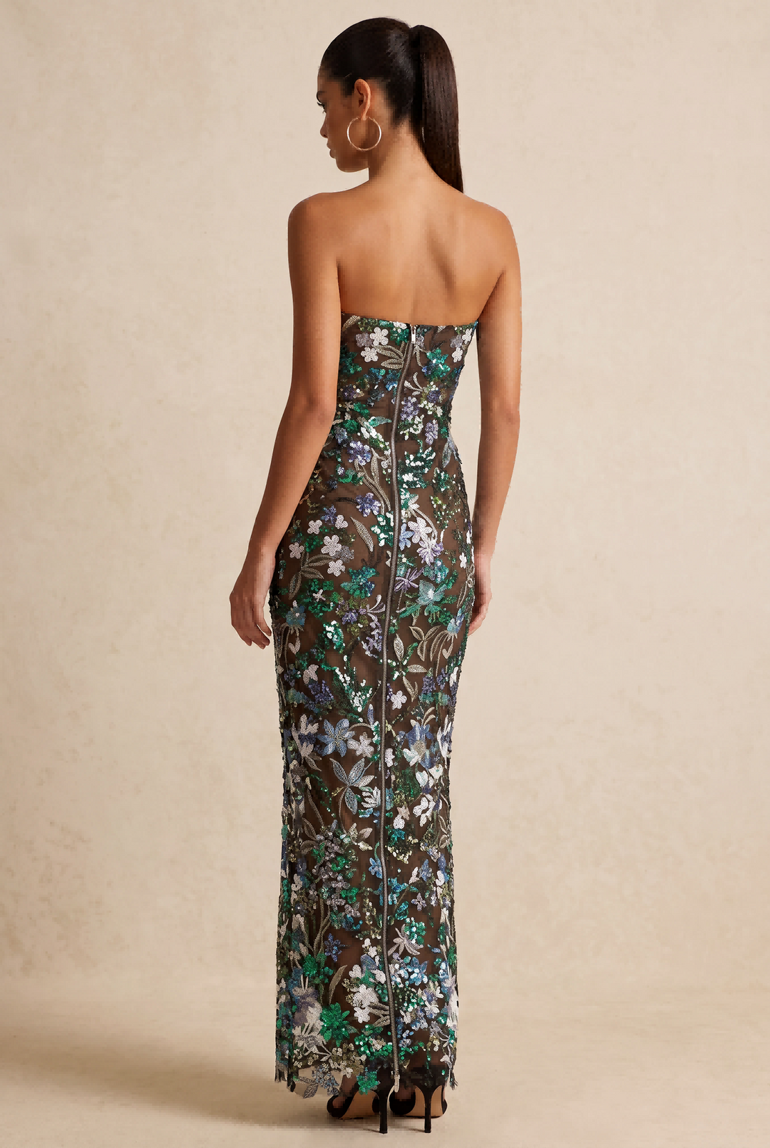 Floral Sequin Embroidered Strapless Maxi Dress