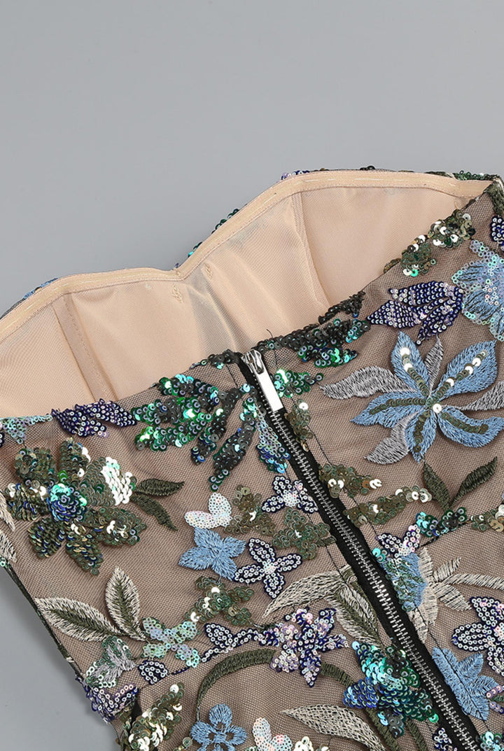 Floral Sequin Embroidered Strapless Maxi Dress