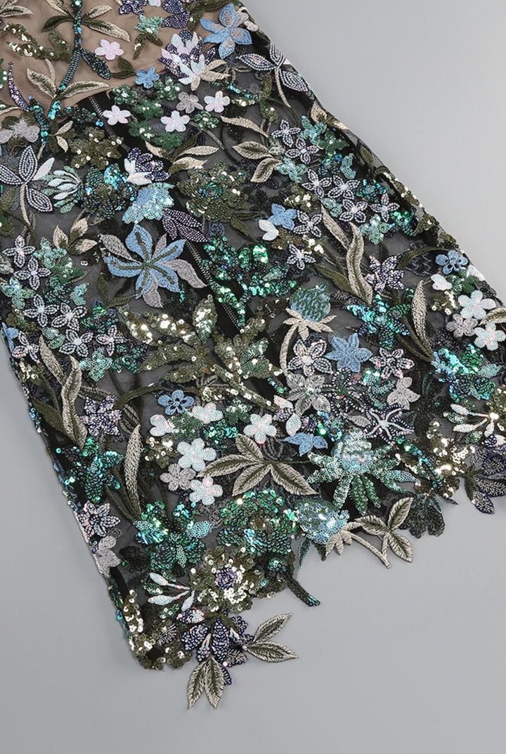 Floral Sequin Embroidered Strapless Maxi Dress