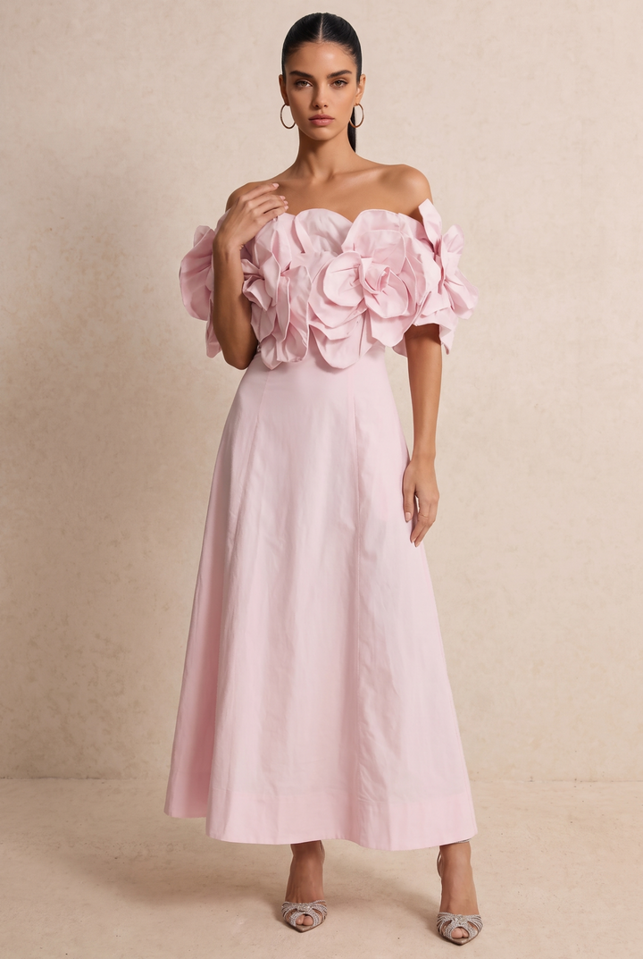 3D Floral Applique Off Shoulder Midi Dress