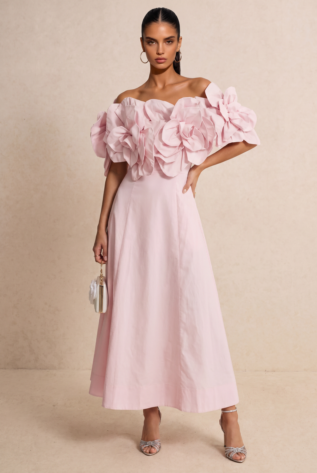3D Floral Applique Off Shoulder Midi Dress