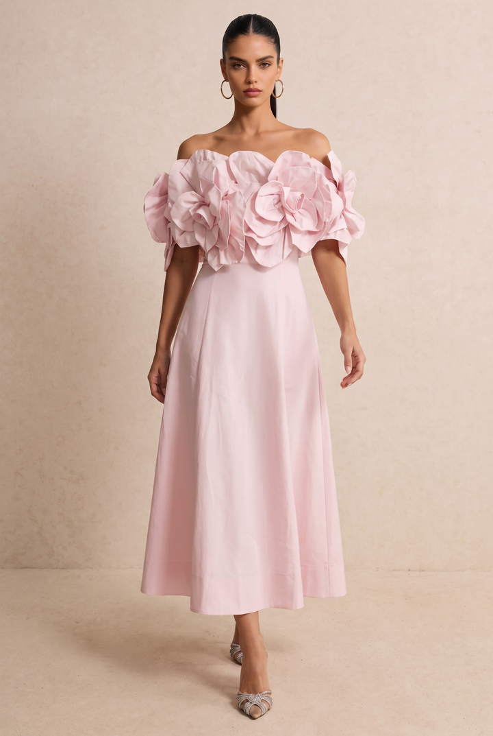 3D Floral Applique Off Shoulder Midi Dress