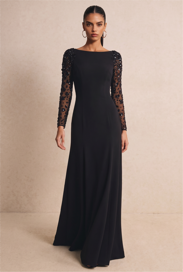 SOLACE CHICBeaded Mesh Long Sleeve Slim Fit Mermaid Evening Dress