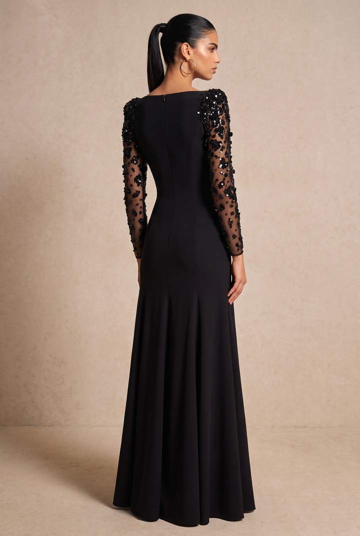 SOLACE CHICBeaded Mesh Long Sleeve Slim Fit Mermaid Evening Dress