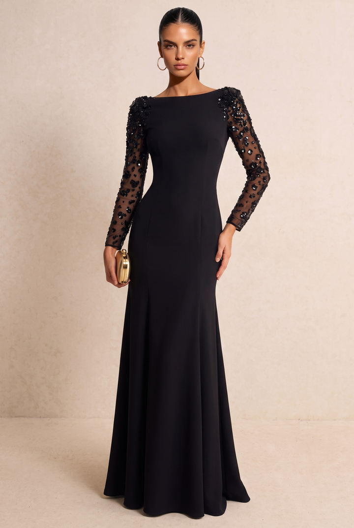 SOLACE CHICBeaded Mesh Long Sleeve Slim Fit Mermaid Evening Dress