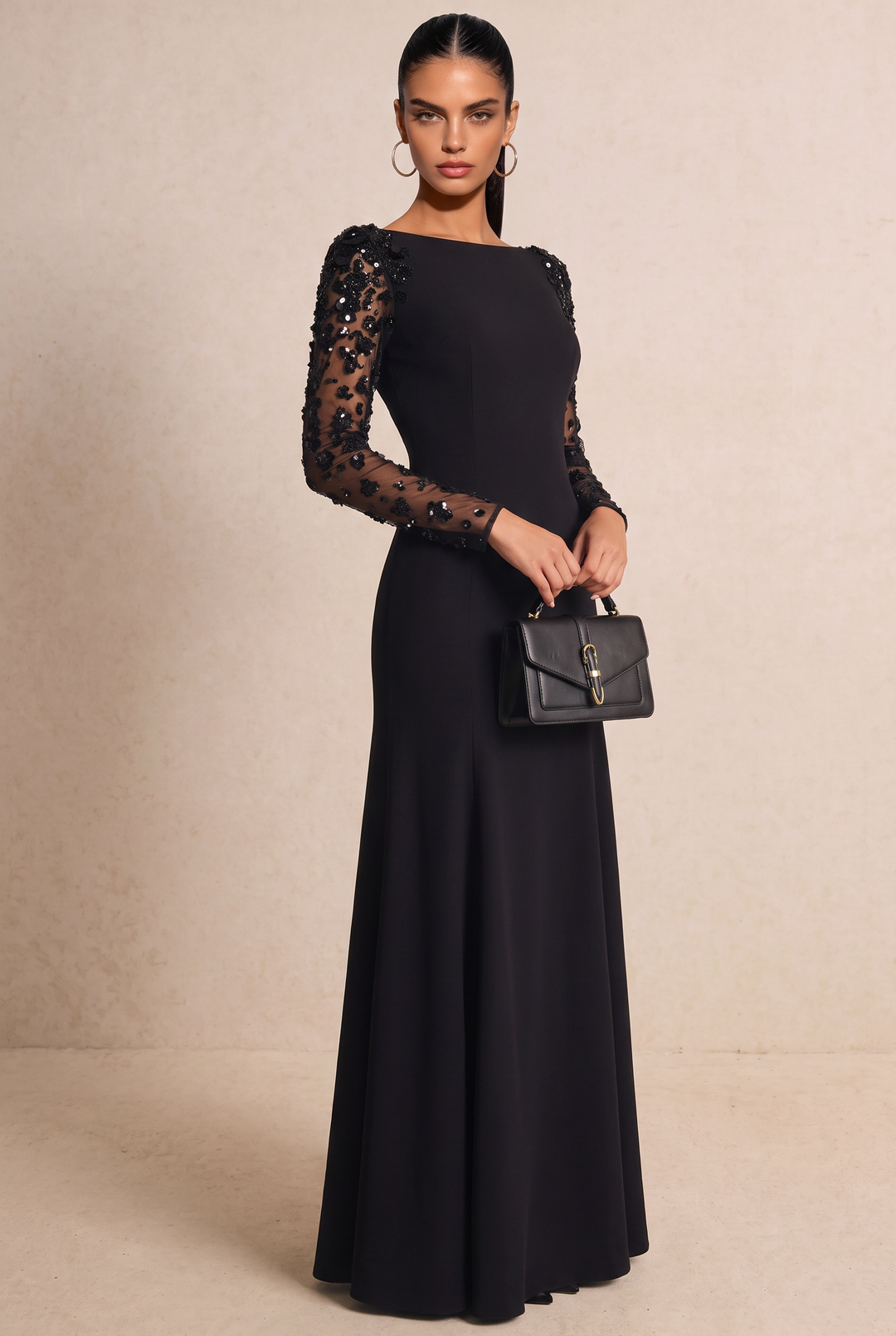 SOLACE CHICBeaded Mesh Long Sleeve Slim Fit Mermaid Evening Dress