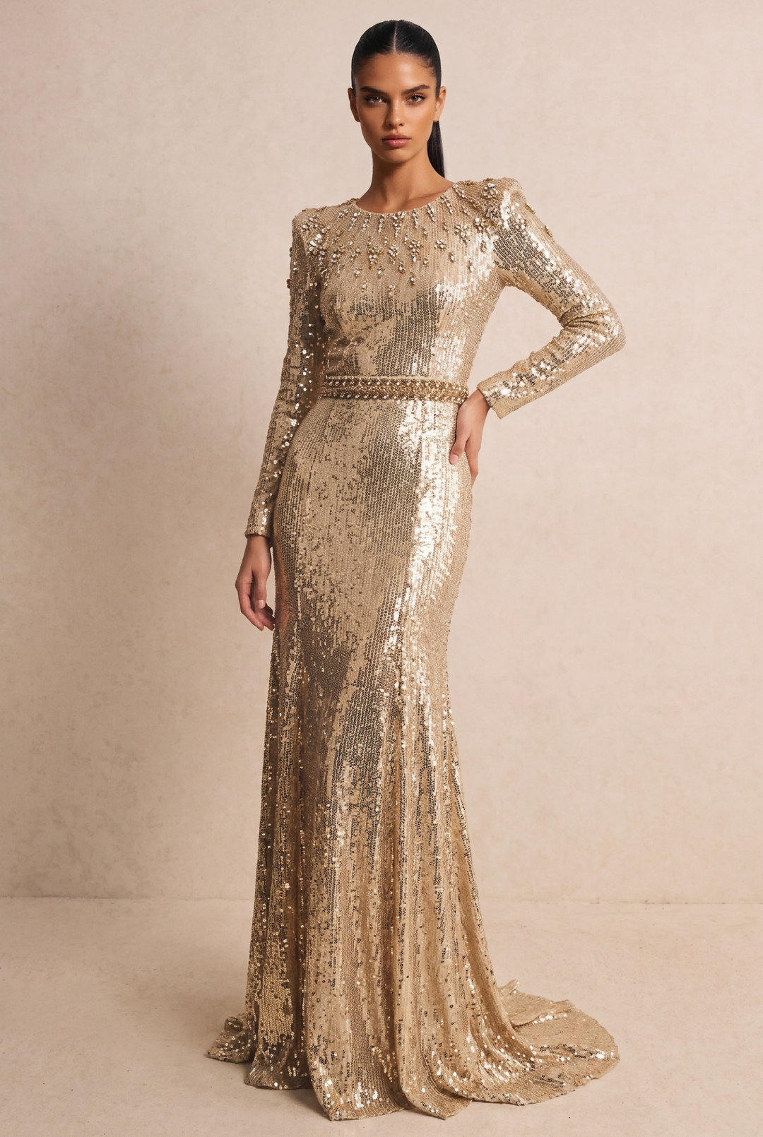 SOLACE CHICFull Sequin Beaded Waist Mermaid Evening Dress