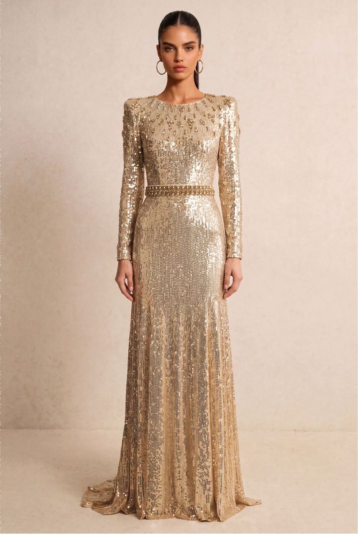Full Sequin Beaded Waist Mermaid Evening Dress