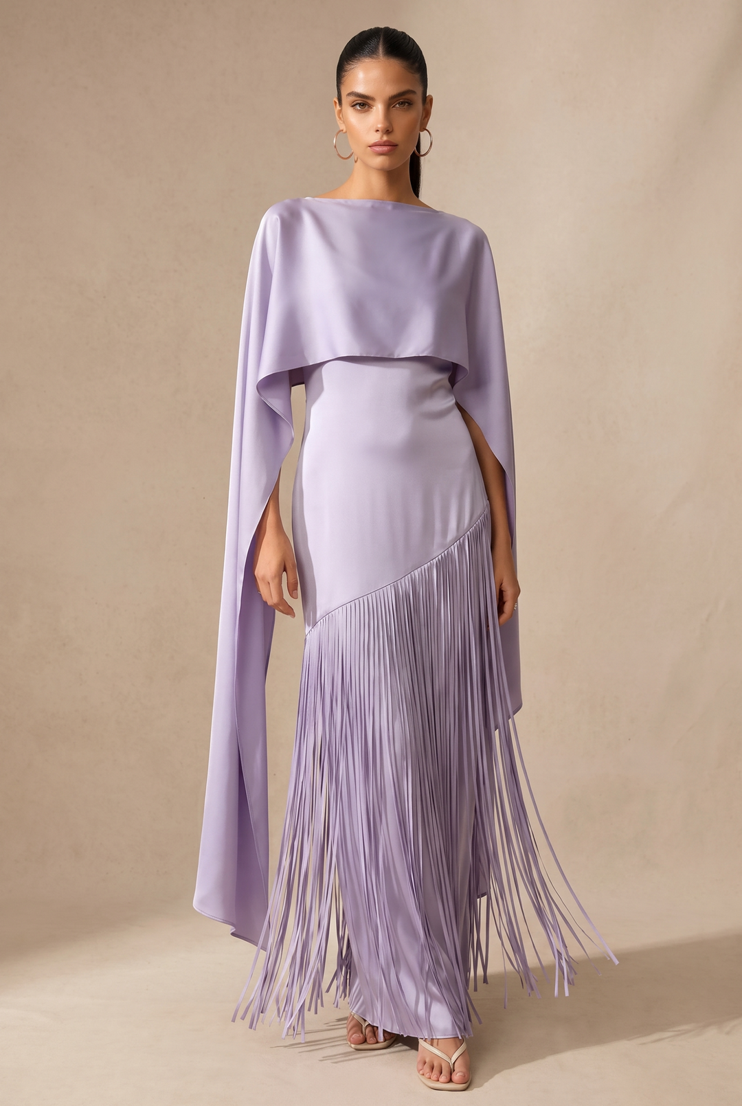 SOLACE CHICAsymmetric Cape Sleeve Satin Fringe Maxi Evening Dress