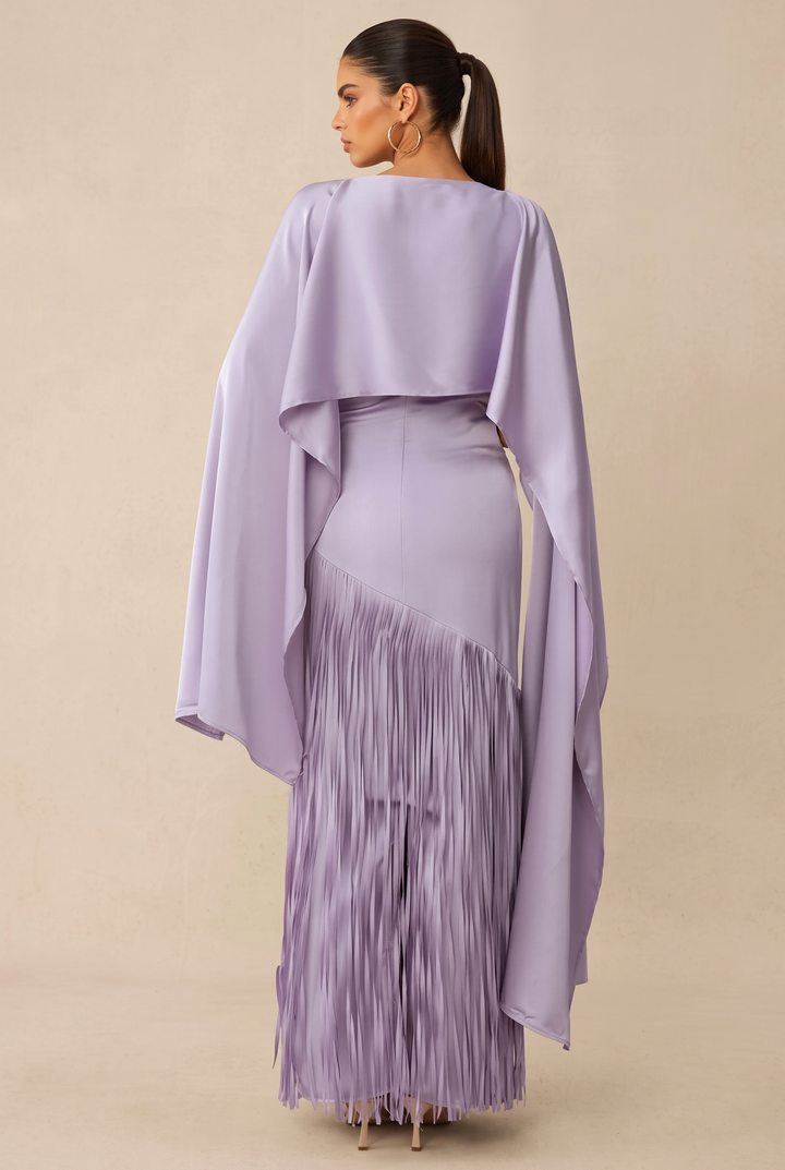 SOLACE CHICAsymmetric Cape Sleeve Satin Fringe Maxi Evening Dress