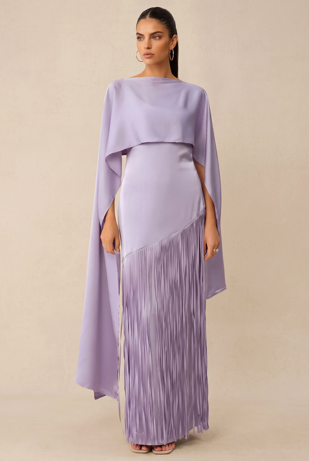 SOLACE CHICAsymmetric Cape Sleeve Satin Fringe Maxi Evening Dress