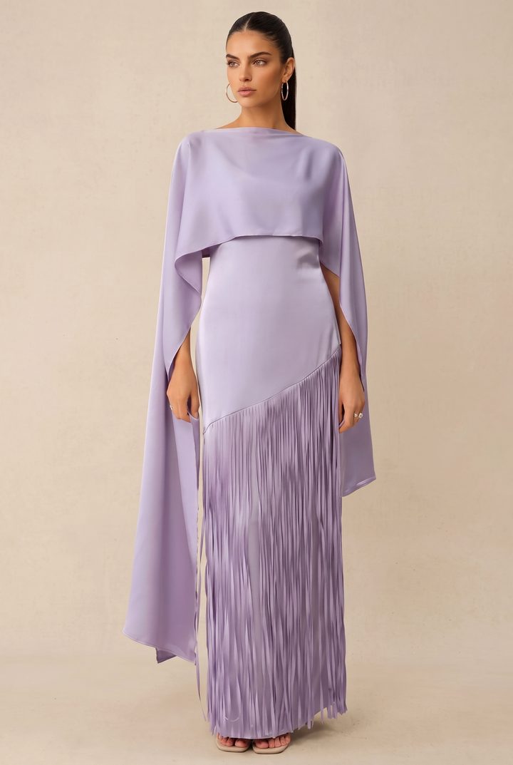 SOLACE CHICAsymmetric Cape Sleeve Satin Fringe Maxi Evening Dress