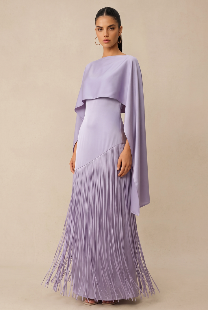 SOLACE CHICAsymmetric Cape Sleeve Satin Fringe Maxi Evening Dress