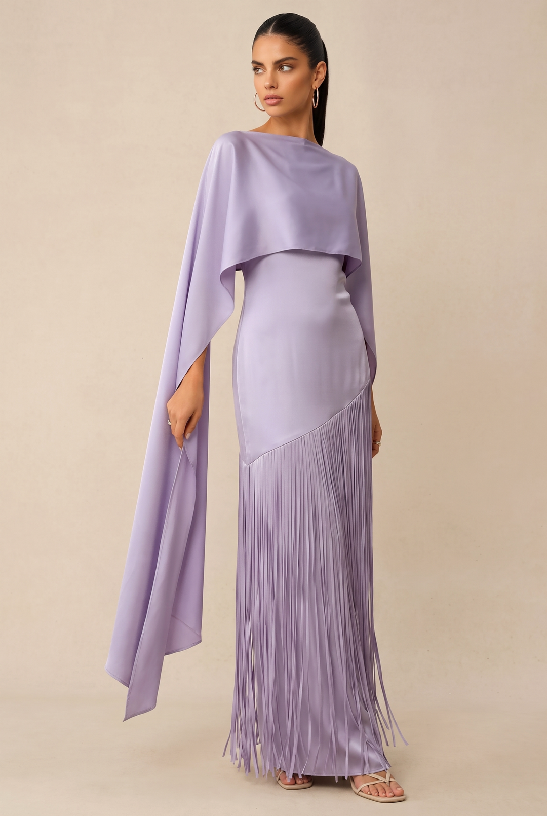 SOLACE CHICAsymmetric Cape Sleeve Satin Fringe Maxi Evening Dress