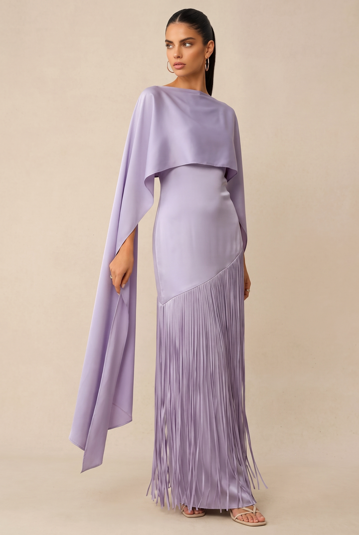 SOLACE CHICAsymmetric Cape Sleeve Satin Fringe Maxi Evening Dress