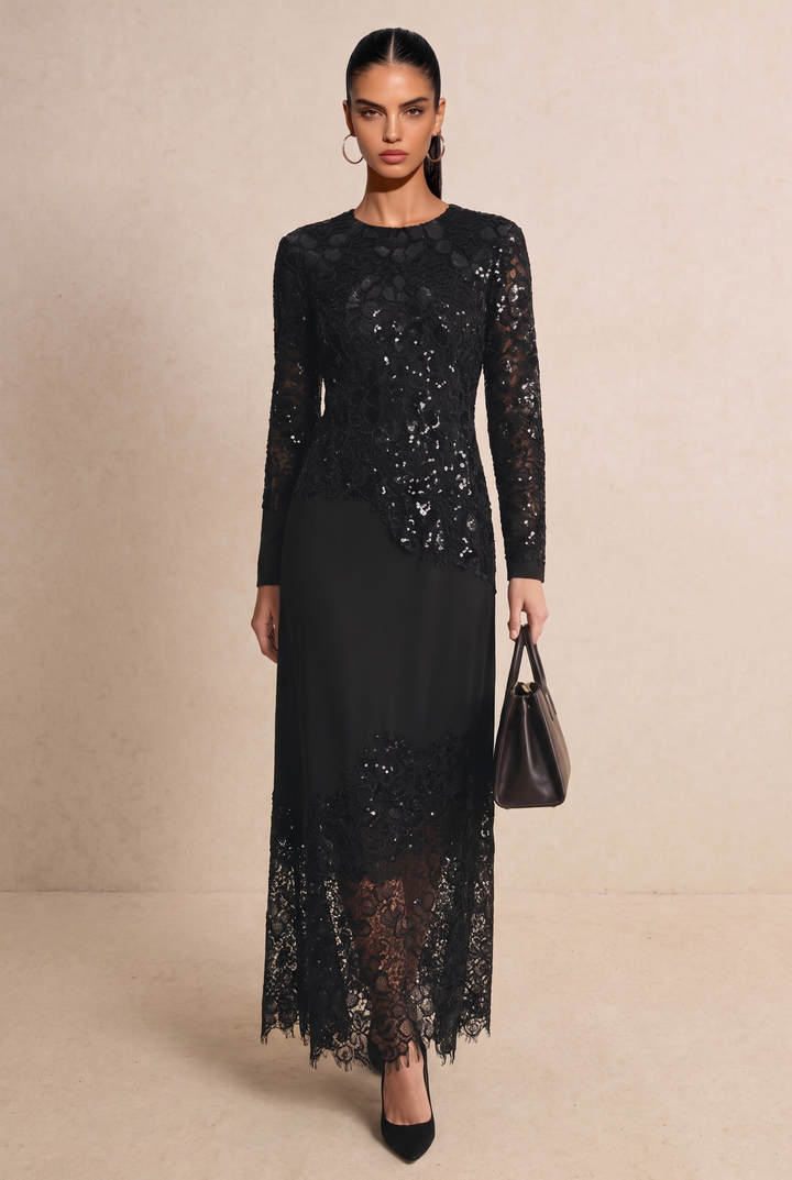 SOLACE CHICSequin Lace Patchwork Long Sleeve Round Neck Maxi Dress
