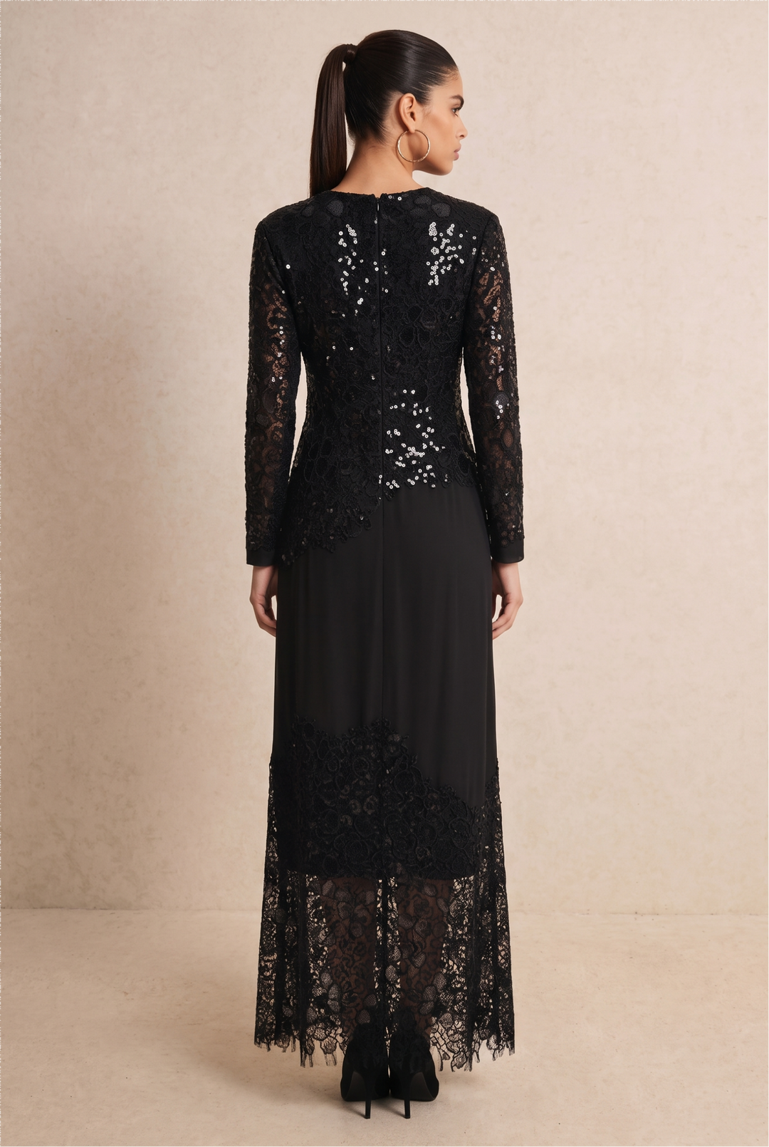 SOLACE CHICSequin Lace Patchwork Long Sleeve Round Neck Maxi Dress