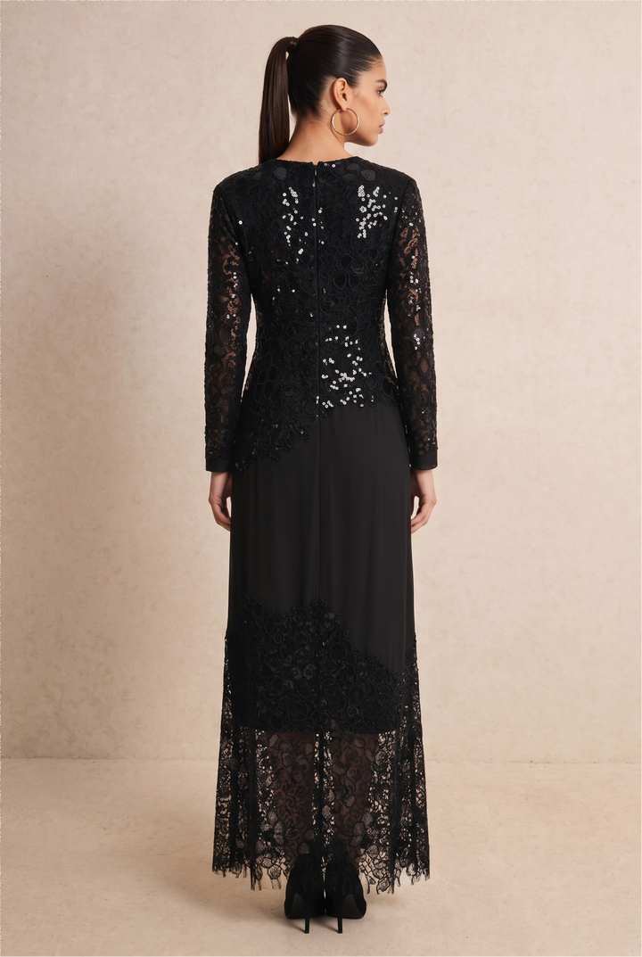 SOLACE CHICSequin Lace Patchwork Long Sleeve Round Neck Maxi Dress