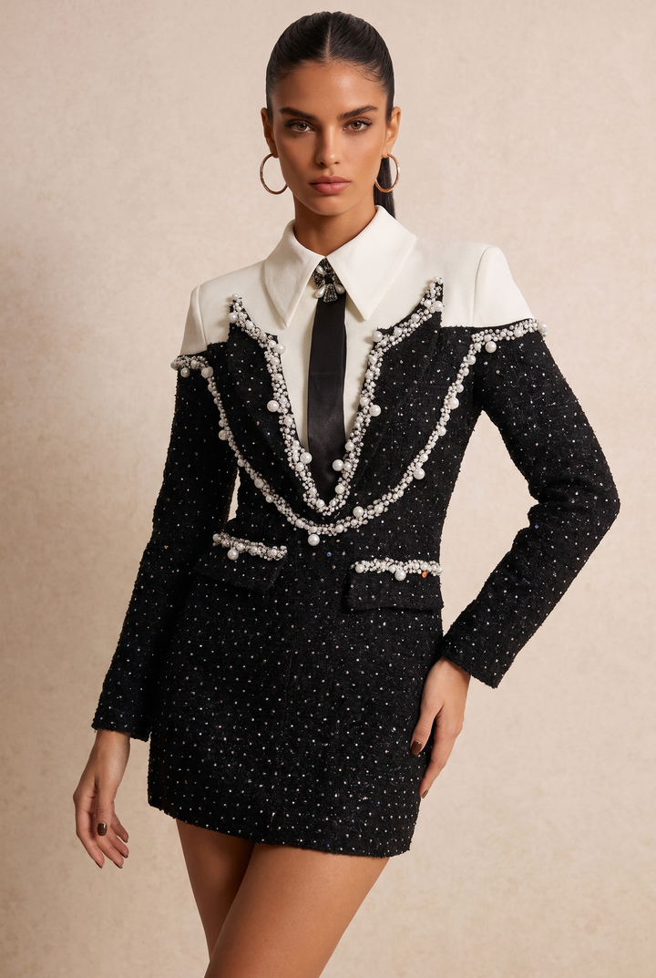 SOLACE CHICPearl Beaded Color Block Collared Blazer Mini Dress