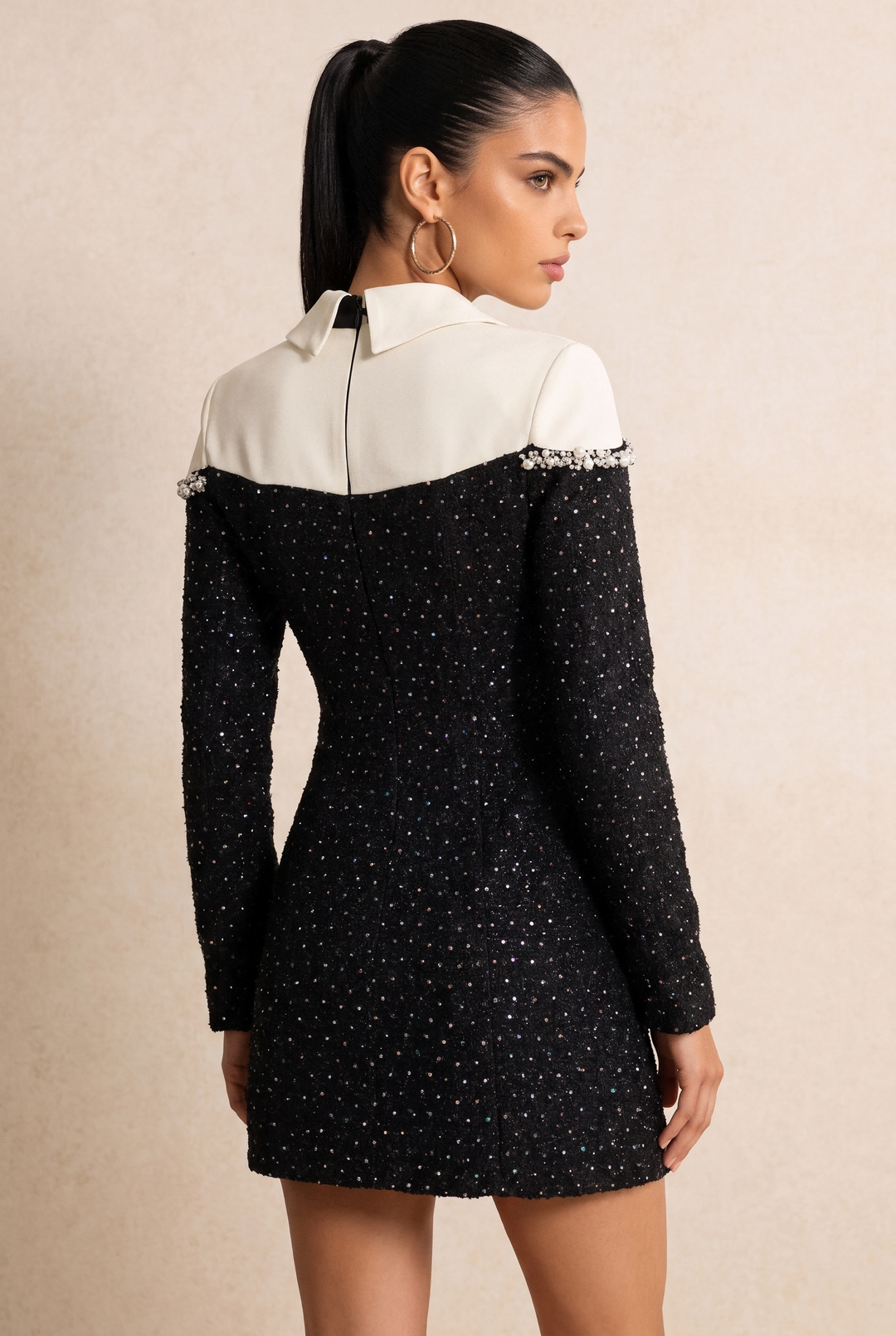 SOLACE CHICPearl Beaded Color Block Collared Blazer Mini Dress